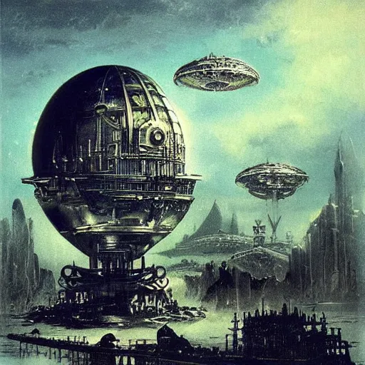 Image similar to enormous flying city in a faberge egg, sky, steampunk, fantasy art, masterpiece, hugh ferriss, digital, peder balke