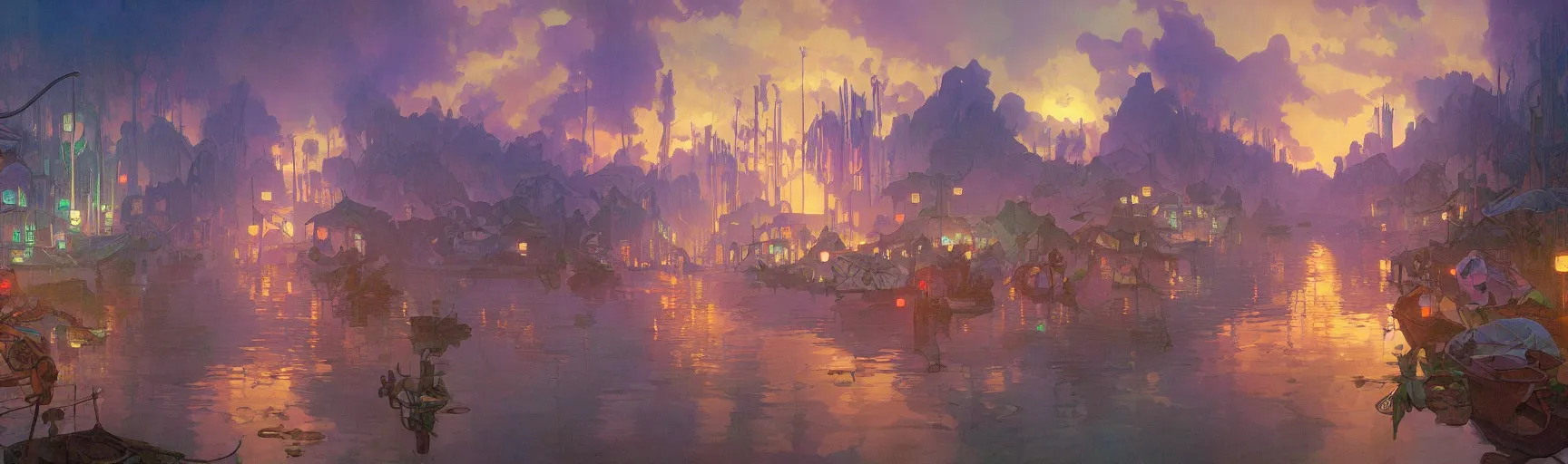 Prompt: a beautiful painting of a dystopian science fictionlandscape, a lake with boats, houses on stilts, different colour led lights and neon, by alfons maria mucha and julie dillon and makoto shinkai