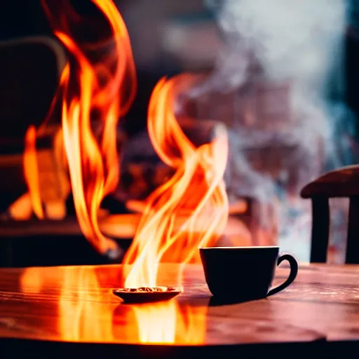 Image similar to a photograph of a room on fire, only remains a wooden table and a chair, an human-like relaxed dog sitting at this table, ☕ on the table, surrounded by flames, a lot of flames behind the dog, smoke under the ceiling