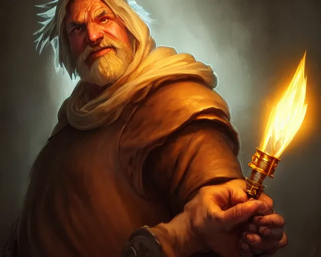 Image similar to a large grimey innkeeper from final fantasy, holding a torch, deep focus, d & d, fantasy, intricate, elegant, highly detailed, digital painting, artstation, concept art, matte, sharp focus, illustration, hearthstone, art by artgerm and greg rutkowski and alphonse mucha