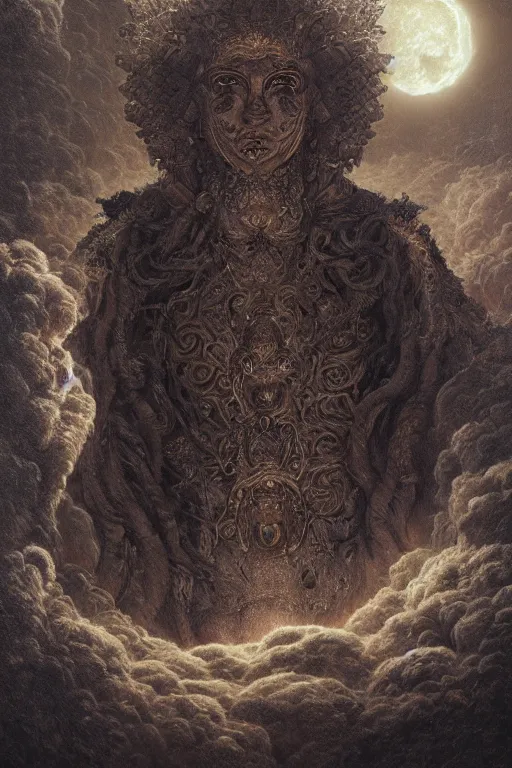 Prompt: Intricate stunning highly detailed deity by agostino arrivabene, Greg Rutkowski , surreal, digital painting, ultra realistic, Horror vacui, beautiful lighting, full moon, ravens, thick black swirling smoke tornado, burning fire embers, artstation