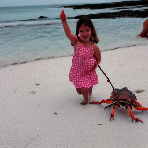 Image similar to of little girl raiding on crab on the beach.