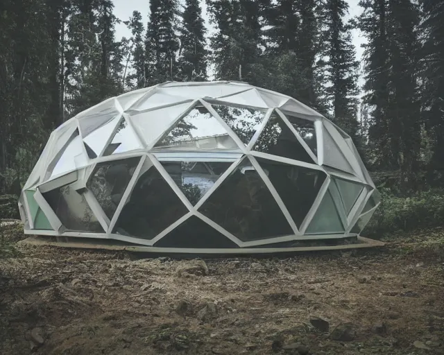 Image similar to modular dome house. there is paradise in heaven. smoky ambience. slight green glow in the very far distance.