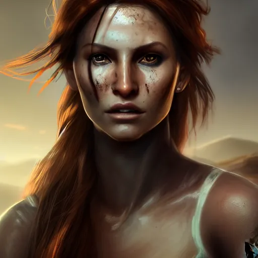 Prompt: fantasy concept art, frontal portrait of a young woman, auburn hair in a ponytail, athletic, slavic features, clean face!!!, serious demeanor, tomb raider, desert background, in the style of ruan jia, high detail, uplit, 8 k
