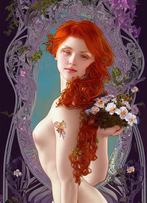 Image similar to redhead woman, rococo and art nouveau fusion, iridescent diaphanous refractive and reflective flower bouquet, tarot card, highly detailed, deep focus, elegant, digital painting, smooth, sharp focus, illustration, ultra realistic, 8 k, art by artgerm and alphonse mucha
