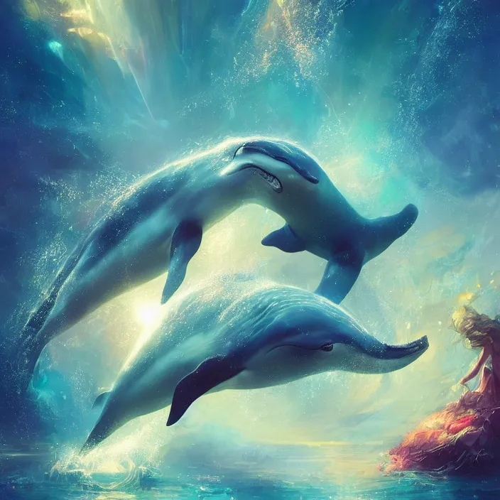 Image similar to glimmering whale splash, dolphins, golden hour, god rays, coral reef, dreamscape by artgerm and ruan jia and ismail inceoglu and greg olsen, cosmos, milky way galaxy, masterpiece, beautiful, intricate, elegant, highly detailed