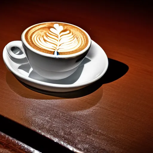 Prompt: close up realistic detailed photo of a steaming cup of coffee on a saucer with a flaky pastry on the side and a coffee spoon next to it on the table in a hotel lobby, liminal, hdr, volumetric lighting, dim light, diffuse light