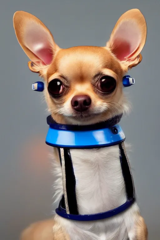 Image similar to a Cíborg Chihuahua with a blue lightsaber. futuristic style.unnreal engine