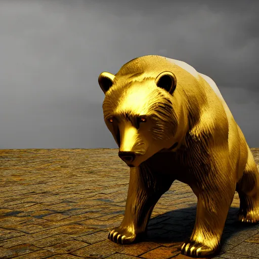 Image similar to gold bear, unreal engine 5, realistic, dark, moody, godrays, 8k