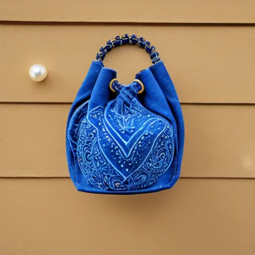 Image similar to a bucket bag made of blue suede. the bag is decorated with intricate golden paisley patterns. the handle of the bag is made of rubies and pearls.