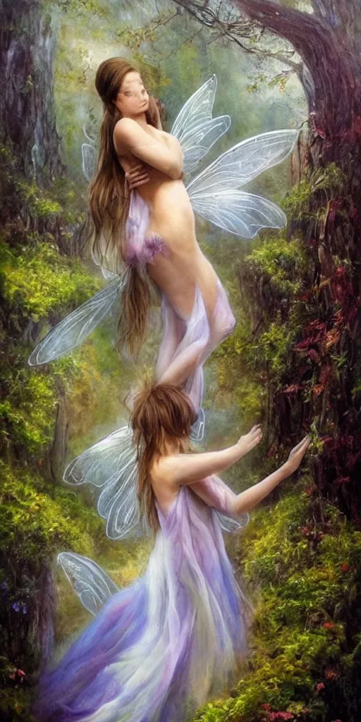 Image similar to epic oil painting of a beautiful fairy with a beautiful face and flawless skin and perfect body wearing a gauze dress, landing on a mushroom in the forest, moss, fog