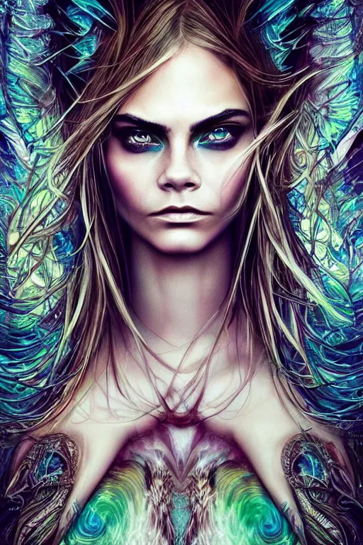 Image similar to !dream an absolutely gorgeous portrait of Cara Delevigne by Android Jones, wings, fractals, Gorgeous colors, face symmetry, insane detail, gorgeous colors, strong composition, awe inspiring lighting, psychedelic, volumetric light, symmetry, subsurface scattering