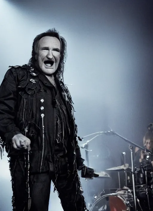 Image similar to promotional image of robin williams as a heavy metal singer, rugged black clothes, detailed face, movie still frame, promotional image, imax 70 mm footage