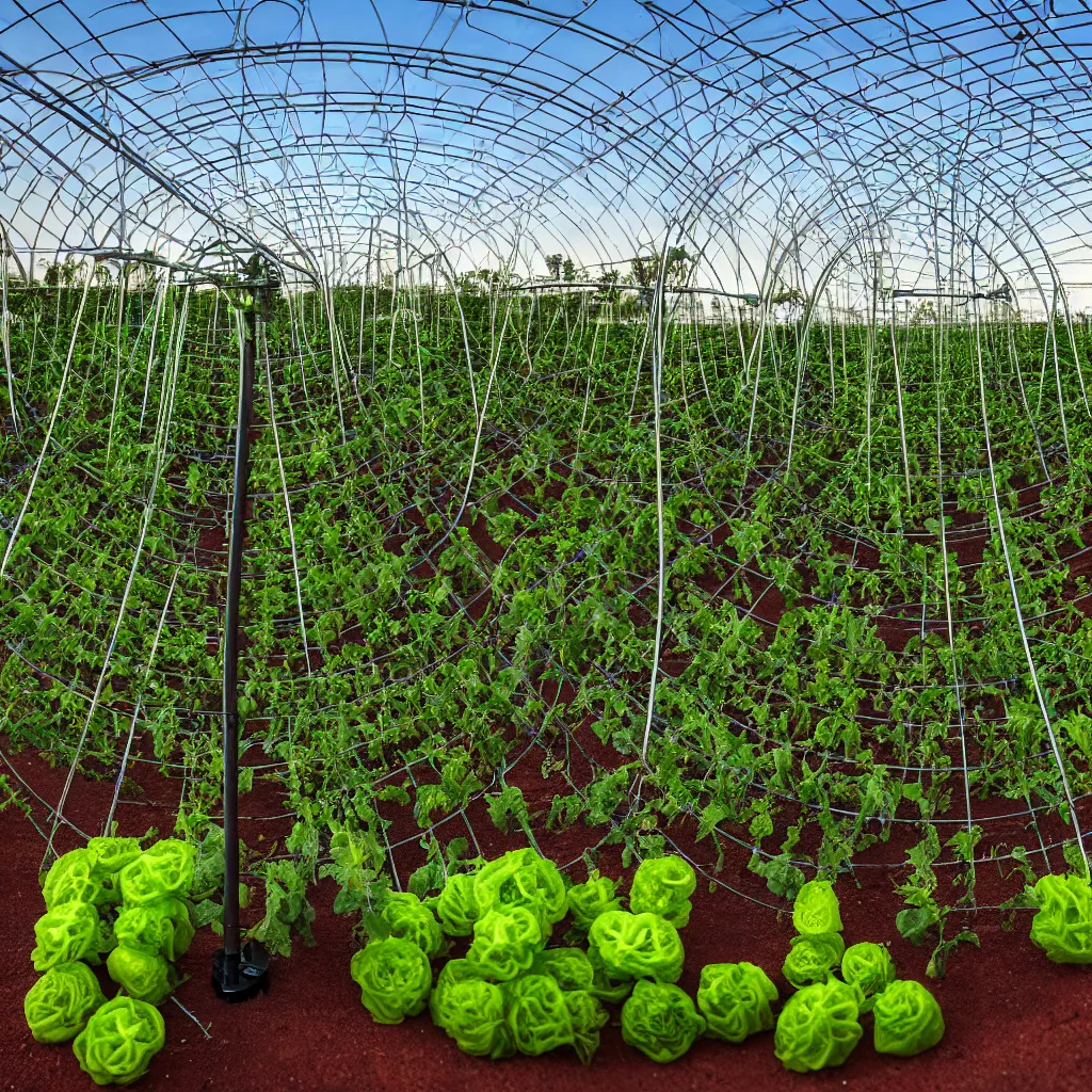 Prompt: torus shaped electrostatic water condensation collector tower, irrigation system in the background, racks of vegetables propagated under shadecloth, in the middle of the australian desert, XF IQ4, 150MP, 50mm, F1.4, ISO 200, 1/160s, natural light at sunset with outdoor led strip lighting