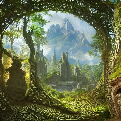 Image similar to a beautiful and highly detailed matte painting of an elven temple in a magical fantasy garden in a lush forest in the mystical mountains, celtic knots, carved runes, intricate details, epic scale, insanely complex, 8 k, sharp focus, hyperrealism, very realistic, by caspar friedrich, albert bierstadt, james gurney, brian froud,