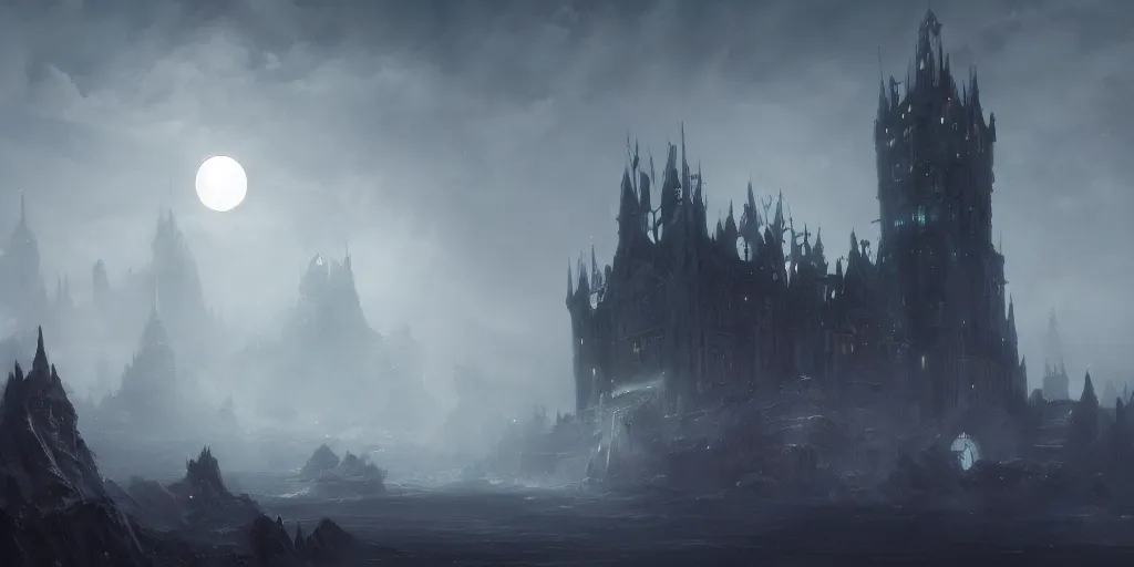 Prompt: black majestic fantasy fortress under a pale moon engulfed in arcane fog trails in the style of marcin rubinkowski, greg rutkowski, lorenzo lanfranconi, oleg zherebin, trending on artstation, ultra wide angle