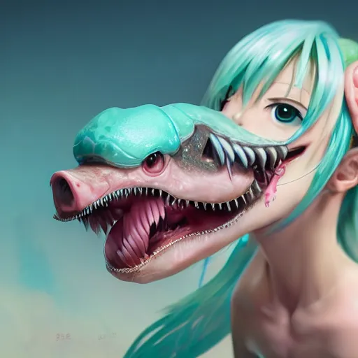 Image similar to hatsune miku being eaten by dinosaur pig, made by stanley artgerm lau, wlop, rossdraws, artstation, cgsociety, concept art, cgsociety, octane render, trending on artstation, artstationhd, artstationhq, unreal engine, 4 k, 8 k,