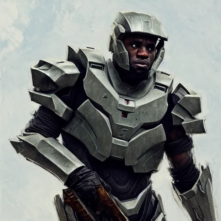 Image similar to LeBron James wearing Forerunner armor from Halo, countryside, calm, fantasy character portrait, dynamic pose, above view, sunny day, thunder clouds in the sky, artwork by Jeremy Lipkin and Giuseppe Dangelico Pino and Michael Garmash and Rob Rey and Greg Manchess and Huang Guangjian, very coherent asymmetrical artwork, sharp edges, perfect face, simple form, 100mm