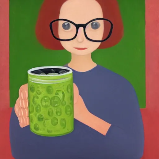 Prompt: a smiling girl with short grey red hair and dark rim glasses, she is proudly holding a fido jar into the camera. close up. the fido jar is filled with big green pickles, by gertrude abercrombie