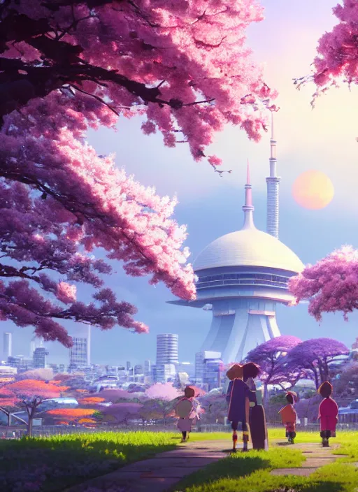 Image similar to a wholesome animation key shot, tokyo city in the background, cherry blossoms in the foreground, studio ghibli, pixar and disney animation, sharp, rendered in unreal engine 5, anime key art by greg rutkowski, bloom, dramatic lighting