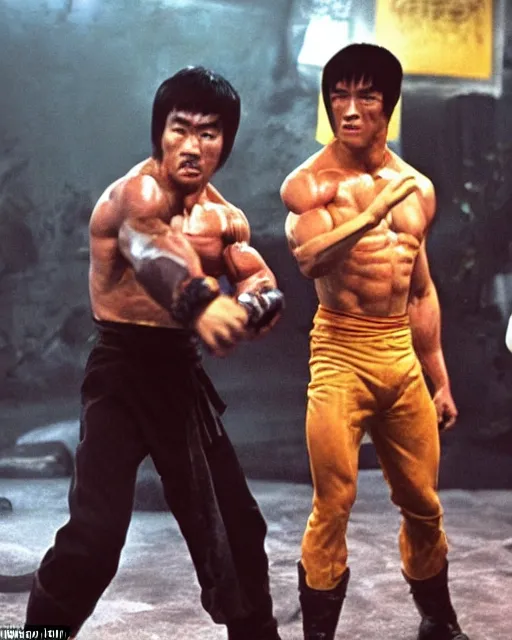 Image similar to on a mortal kombat video game battle stage, bruce lee stands off against arnold schwarzenegger dressed as conan the barbarian