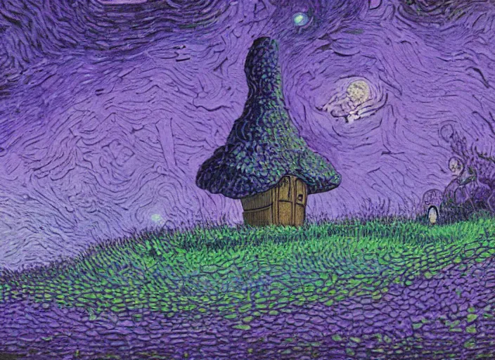 Image similar to detailed painting of a fungal house made of a giant purple mushroom, mystical dark purple landscape at night, dark purple sky, blue bioluminescent life, in the style of moebius and studio ghibli and vincent van gogh and claude monet