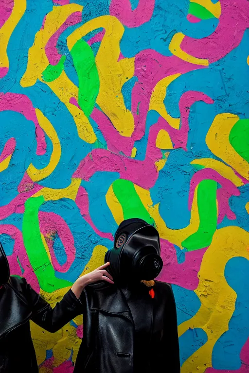 Image similar to a surreal portrait of two women wearing gas masks camouflaged into a wall of colorful graffiti in the style of brooke didonato, editorial fashion photography from vogue magazine, full shot, nikon d 8 1 0, ƒ / 2. 5, focal length : 8 5. 0 mm, exposure time : 1 / 8 0 0, iso : 2 0 0