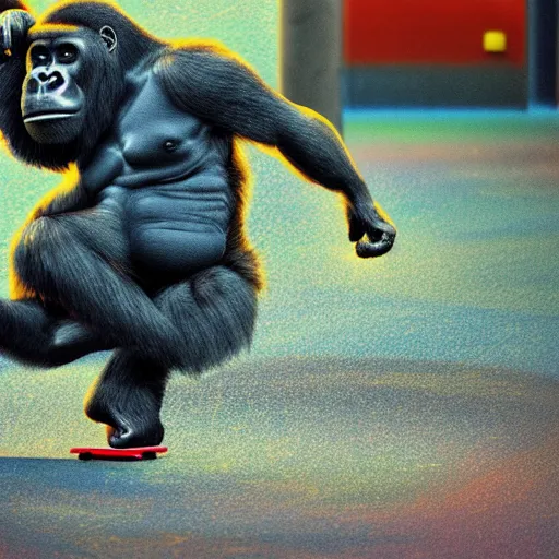 Prompt: Gorilla skating, ps1 render, dripping texture, colorful