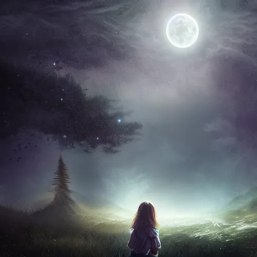 Prompt: girl looks at the space, d & d, fantasy, mist, space moon in background, trees, hyper detailed, midium shot, 8 k realistic, cryengine, digital painting, trending on artstation, concept art, sharp focus, illustration,
