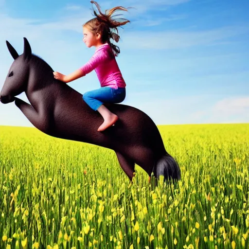 Prompt: Young girl riding on top of a horse-sized rabbit through a field