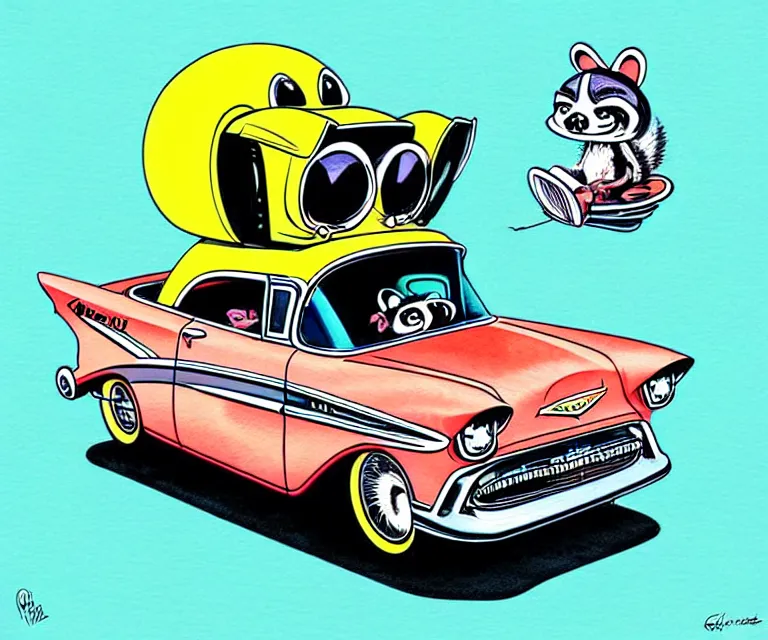 Prompt: cute and funny, racoon wearing a helmet riding in a tiny 1 9 5 7 chevy coupe, ratfink style by ed roth, centered award winning watercolor pen illustration, isometric illustration by chihiro iwasaki, edited by range murata