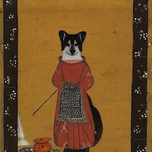 Image similar to akita inu dog dressed as a queen in a dress with orange slices pattern, medieval painting