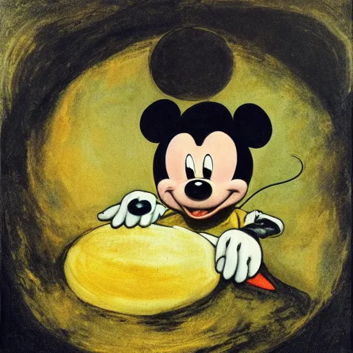 Image similar to mickey mouse as ( ( saturn devouring his son ) ) by francisco goya mickey eating pluto, dramatic dark painting by francisco goya and william blake