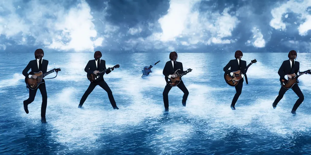 Prompt: a photo of 8k the beatles performing in the middle of the ocean, cinematic lighting, trending on artstation, 4k, hyperrealistic, focused, extreme details, unreal engine 5, cinematic, masterpiece