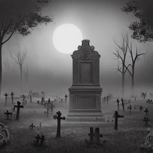 Image similar to an endless eerie graveyard with ancient ornate tombstones, misty, strands of fog, catacomb in background, frame is flanked by dark trees, creepy, night, finely detailed photorealistic black and white pencil drawing