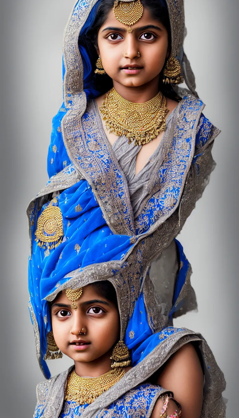 Prompt: highly detailed full body portrait of photo of south asian girl in traditional wear, studio portrait, grey colored eyes, blue colored traditional wear, photo by jerry ghionis, hyper realistic, concept art, 8 k detail post - processing