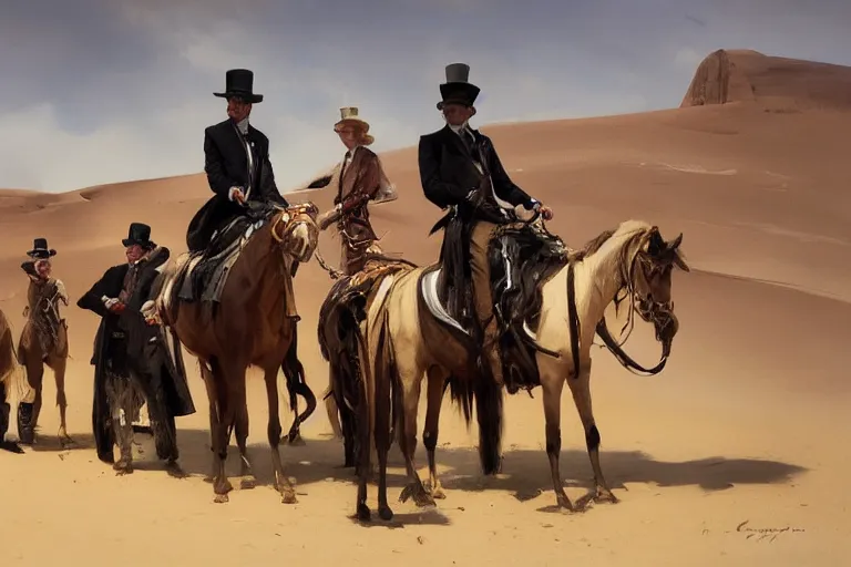 Prompt: portrait of a respectable dignified royal business elite politicians in top hats and coat tails riding on emus in the sahara desert throwing vanilla icecream cones at each other, art by anders zorn, wonderful masterpiece by greg rutkowski, beautiful cinematic light, american romanticism by greg manchess, jessica rossier