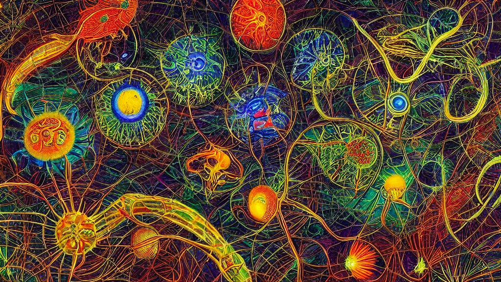 Prompt: quantum connections represented as symbiotic organisms like cells playing around with colorful lights by ernst haeckel, prismatic view