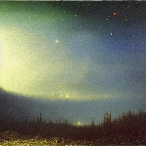 Image similar to night sky with clouds and stars, volumetric, canvas, very detailed, oil painting, canvas, Albert Bierstadt, Theodor Kittelsen