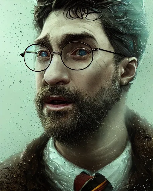 Image similar to a highly detailed portrait of Harry Potter, wispy tendrils of smoke, head and shoulders portrait, intricate detail, digital painting, old english, raining, sepia, particles floating, whimsical background by marc simonetti, artwork by ross tran + ramond swanland + liam wong