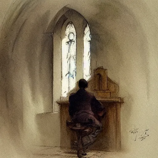 Prompt: (((((1950s chapel with a priest . muted colors.))))) by Jean-Baptiste Monge !!!!!!!!!!!!!!!!!!!!!!!!!!!