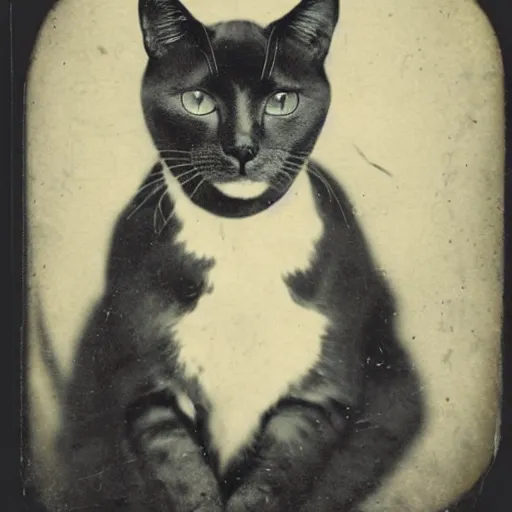 Prompt: tintype photo of a cat, 1 8 8 0 s