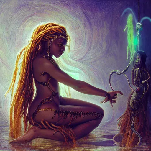 Image similar to birth of mami wata, sumerian goddess inanna ishtar, ashteroth, techno mystic goddess princess intergalactica, with aqua neon rapunzel dreadlocks, mami wata, detailed, by gaston bussiere, bayard wu, greg rutkowski, giger, maxim verehin, greg rutkowski, masterpiece, sharp focus,