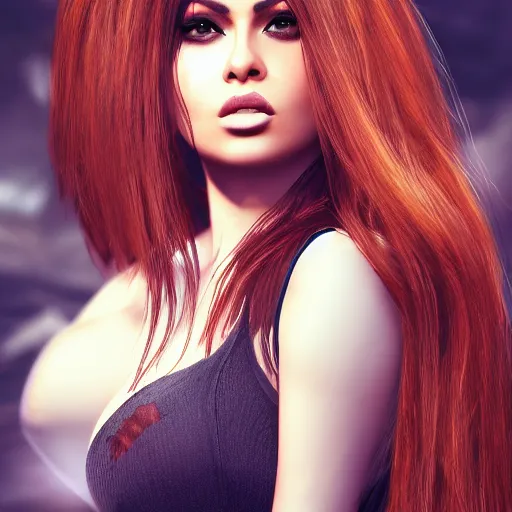 Prompt: portait of haifa wehbe, long hair centred, hd, very detailed curve, unreal engine, final fantasy style, loup garou background, rending artstation