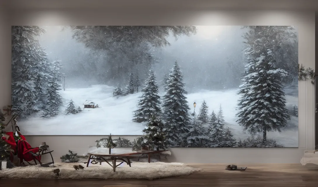 Prompt: a christmas eve photorealistic landscape painting on the wall, ascher clemens, home, interior, octane render, deviantart, greg rutkowski, cinematic, key art, hyperrealism, canon eos c 3 0 0, ƒ 1. 8, 3 5 mm, 8 k, medium - format print