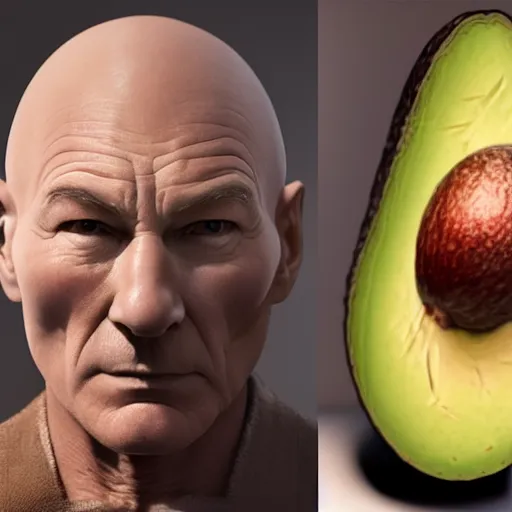 Image similar to hyperrealistic film still of patrick stewart fused with an avocado, avocado body, stunning 3 d render, inspired by istvan sandorfi & greg rutkowski & unreal engine, perfect symmetry, dim volumetric cinematic lighting, 8 k octane comprehensive render, extremely hyper - detailed, incredibly lifelike attributes, intricate, real flesh texture, masterpiece, artstation, stunning,