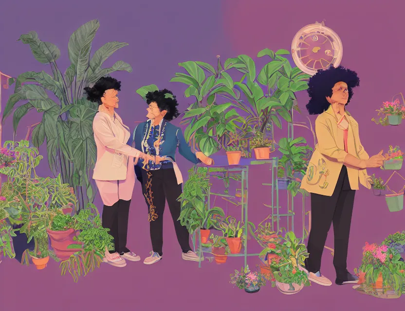 Prompt: elderly lesbian multiracial couple travelling on a steampunk vaporwave train with potted plants. complementary colors, gouache, indie concept art, bloom, chiaroscuro, backlighting, intricate details.