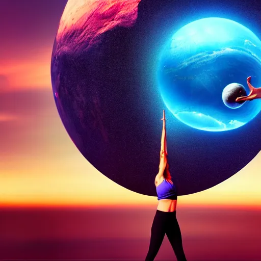 Image similar to yoga instructor holding planet in space, trending high quality art station, cinematic shot, magical colors and atmosphere, perfect composition, coherent, 8 k