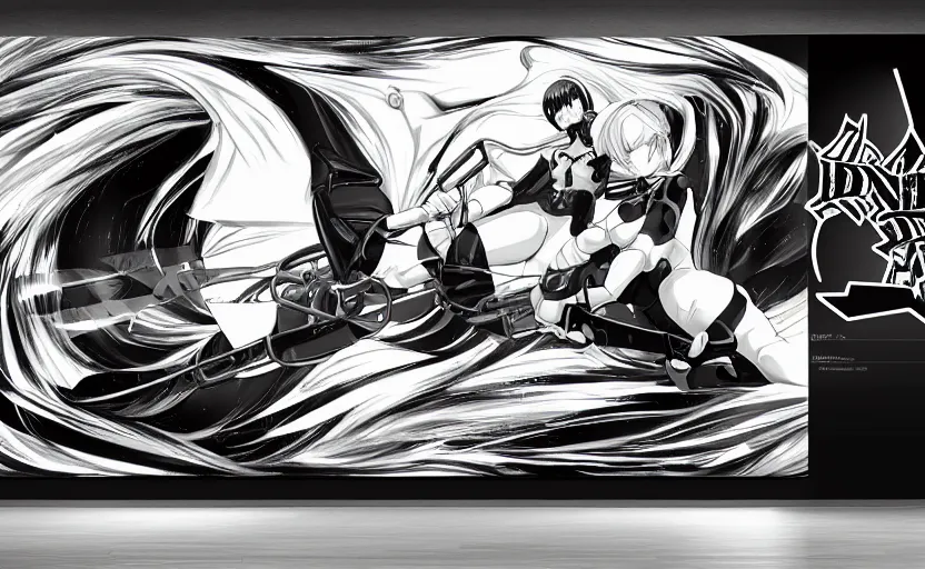Image similar to black and white billboard advertisement with an extremely beautiful photo of a white marble statue of an anime girl with motocross logos and motorcycle helmet with closed visor, smoke in the background, carved marble statue, fine art, neon genesis evangelion, virgil abloh, offwhite, denoise, highly detailed, 8 k, hyperreal