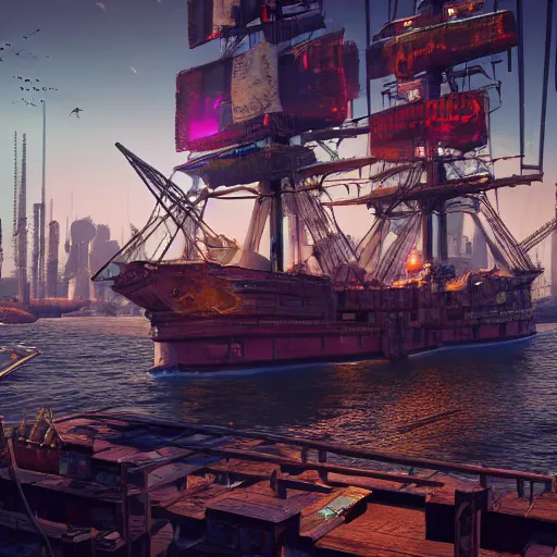 Image similar to high quality photo of a pirate ship in a cyberpunk cyberpunk cyberpunk city, realism, 8k, award winning photo